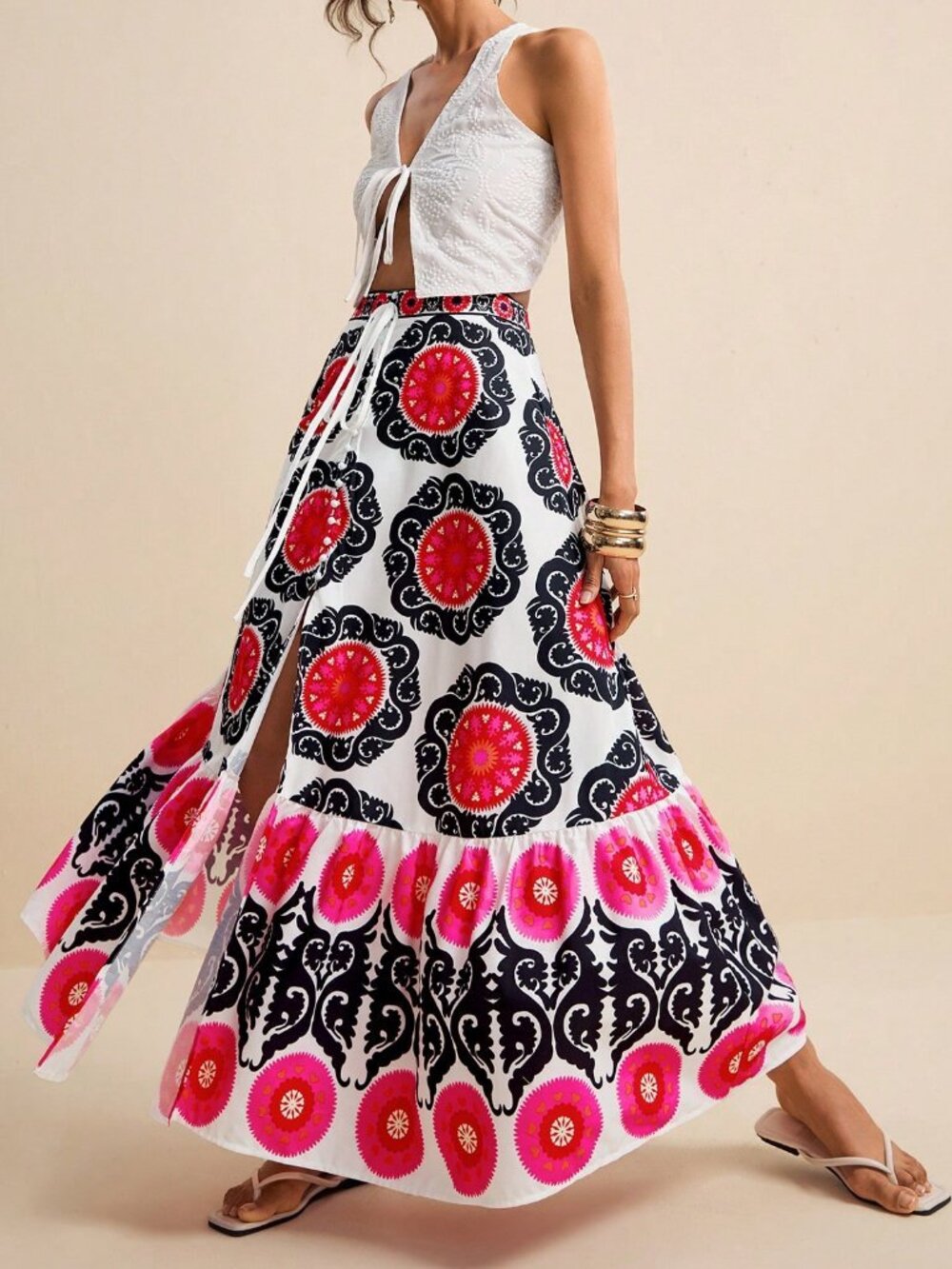 Multicolor Boho Women's Floral Print Twist Waist and High Slit Maxi Skirt - Picture 5 of 8